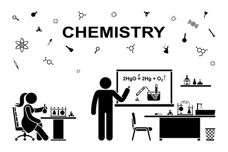 Stick figure boy girl at chemistry lesson vector illustration icon. Man and woman working at laboratory icon pictogramのイラスト素材