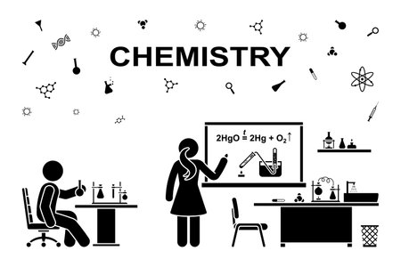 Stick figure man and woman chemist scientific experiment in chemistry lab vector icon. Stickman scientist pictogramのイラスト素材