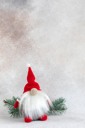 Christmas elf in red hat with fir branch holiday card on light winter backgroundの写真素材