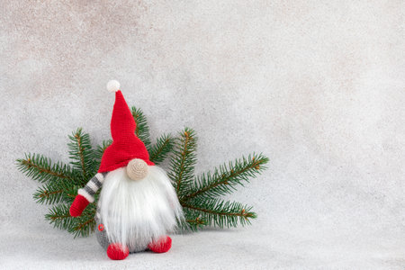Christmas dwarf in red hat with fir branch holiday card on light winter backgroundの写真素材