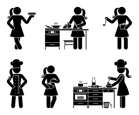 Stick figure chef cook girl vector set. Female person cooking grilled chicken, pie, soup at home restaurant kitchen icon sign pictogramのイラスト素材