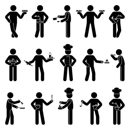 Stick figure man, person, human with kitchen utensils vector set. Stickman male guy cooking, baking, frying, mixing, tasting icon pictogramのイラスト素材