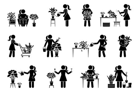 Stick figure woman planting home flowers vector illustration set. Female person taking care of houseplant icon silhouette pictogramのイラスト素材