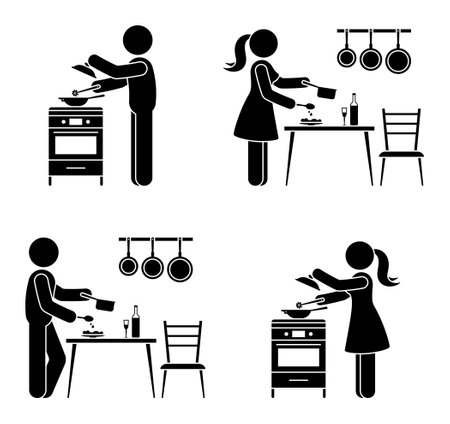 Stick figure man and woman cooking at home kitchen vector set. Stickman people preparing breakfast, lunch, dinner icon pictogramのイラスト素材