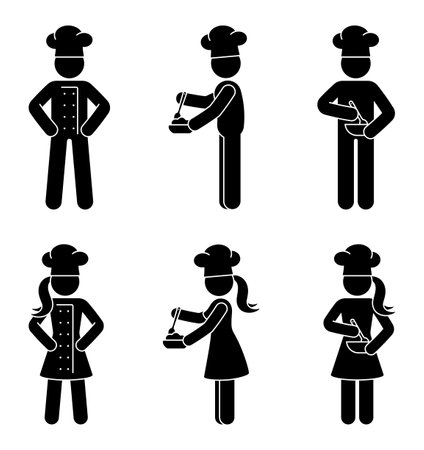 Stick figure man woman chef cook vector illustration set. Stickman kitchener standing front side view in working uniform icon pictogramのイラスト素材