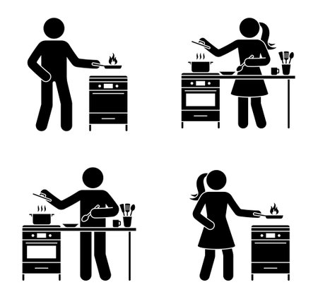 Stick figure man and woman making soup, frying at home kitchen vector illustration set. Stickman people preparing meal icon pictogramのイラスト素材