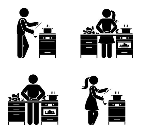 Stick figure man and woman preparing homemade dinner vector illustration set. Stickman person cooking at kitchen icon silhouette pictogramのイラスト素材