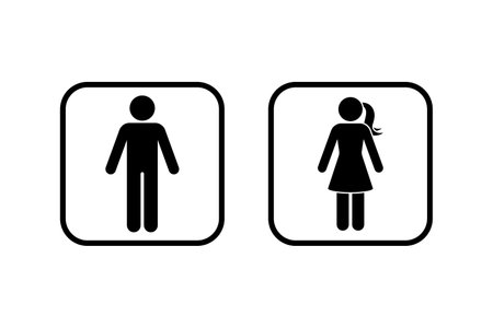 Public toilet man woman icon set vector illustration. Restroom symbol male female washroom bathroom stick figure silhouette frame pictogramのイラスト素材