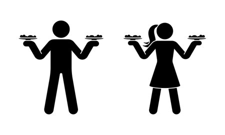Stick figure man woman waiter waitress standing with meal plates vector set. Stickman person people serve food icon silhouette pictogramのイラスト素材