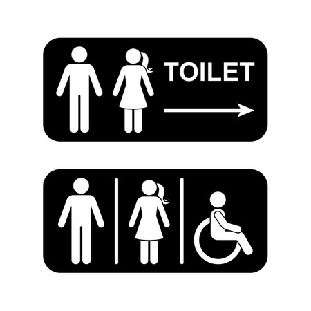Public toilet man woman people with disability arrow direction vector set. Restroom sign symbol stick figure icon silhouette pictogramのイラスト素材