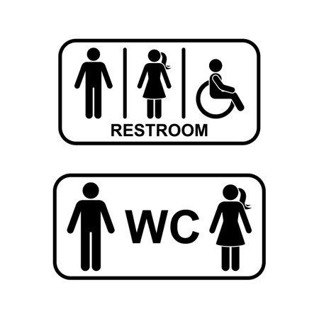 Public toilet man woman people with disability WC direction vector frame set. Restroom sign symbol stick figure icon silhouette pictogramのイラスト素材