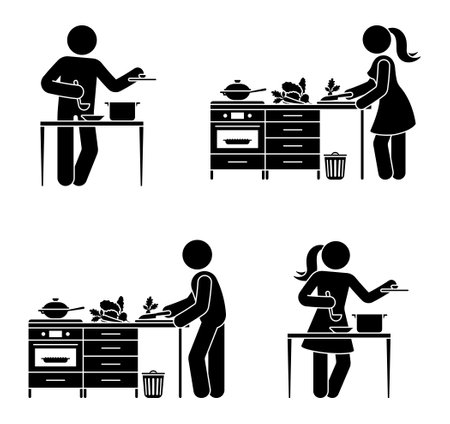 Stick figure boy and girl preparing dinner at home vector illustration set. Stickman people cooking at kitchen icon silhouette pictogramのイラスト素材