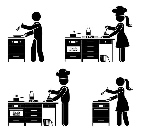 Stick figure chef cook man and woman baking pie vector illustration set. Stickman person cooking on stove restaurant kitchen icon pictogramのイラスト素材