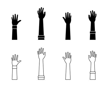 Hand up gesture vector illustration icon set. Raised arm volunteer vote body language sign symbol silhouette pictogramのイラスト素材