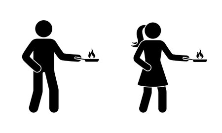 Stick figure man and woman standing with burning frying pan with fire vector illustration set. Stickman person cooking meal icon pictogramのイラスト素材