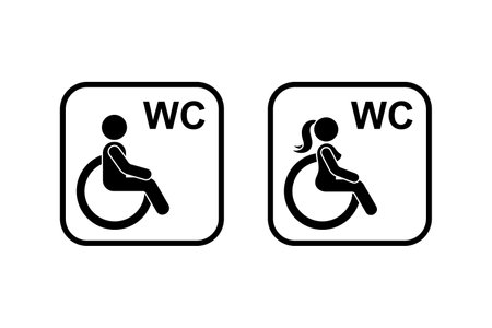 Public toilet washroom icon vector illustration set. Restroom sign man woman people with disability stick figure silhouette frame pictogramのイラスト素材