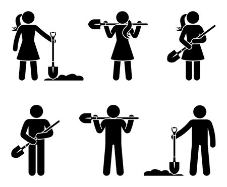 Stick figure man woman standing with shovel vector set. Stickman male female digging soil, gardening, planting icon silhouette pictogramのイラスト素材