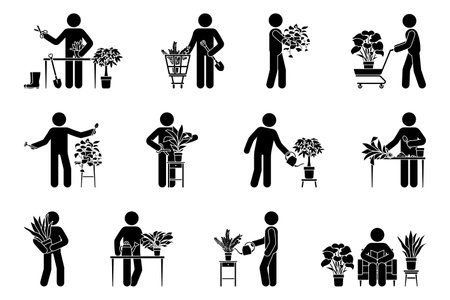 Stick figure male planting home flowers vector illustration set. Stickman person taking care of houseplant icon silhouette pictogramのイラスト素材