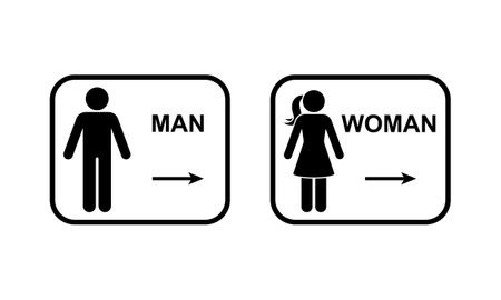 Public toilet man woman direction arrow access icon vector illustration. Restroom sign symbol washroom bathroom stick figure frame pictogramのイラスト素材