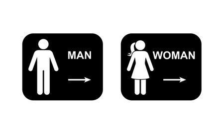 Public toilet man woman direction arrow access icon set vector illustration. Restroom sign symbol washroom bathroom stick figure pictogramのイラスト素材