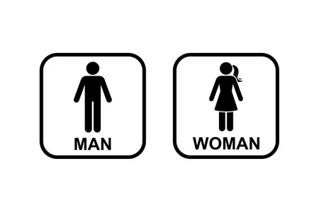 Public toilet man woman gender icon vector set. Restroom sign symbol male female washroom bathroom stick figure silhouette frame pictogramのイラスト素材