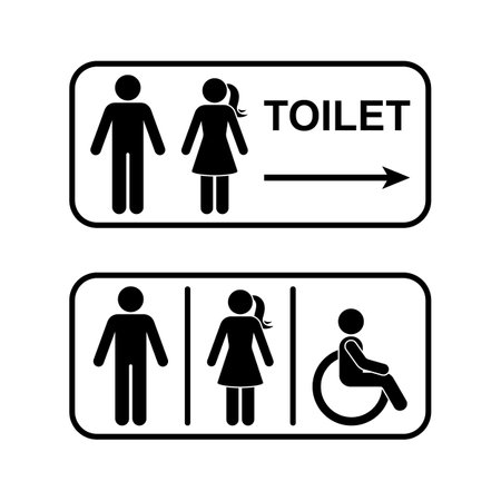 Public toilet man woman people with disability arrow direction vector set. Restroom sign stick figure icon silhouette frame pictogramのイラスト素材
