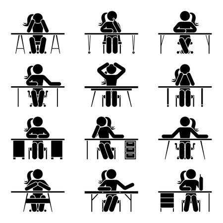 Stick figure woman sitting at table front view vector set. Stickman lady girl at office desk happy, sad, surprised, tired icon pictogramのイラスト素材