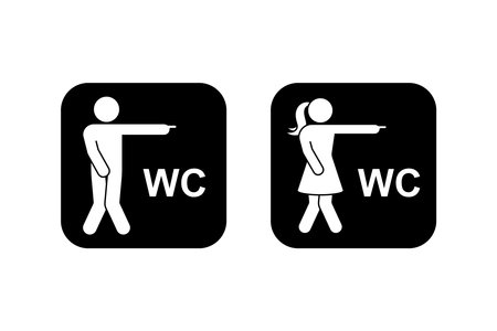 Public toilet man woman finger pointing direction access icon vector set. Restroom funny sign symbol stick figure silhouette pictogramのイラスト素材