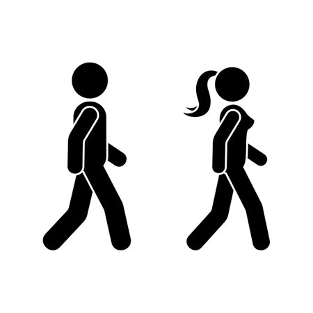 Stick figure man and woman walking side view vector illustration. Male and female people going moving forward icon silhouette pictogramのイラスト素材