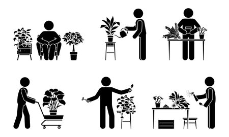 Stick figure man taking care of home flowers vector illustration set. Stickman person with houseplant icon silhouette pictogramのイラスト素材