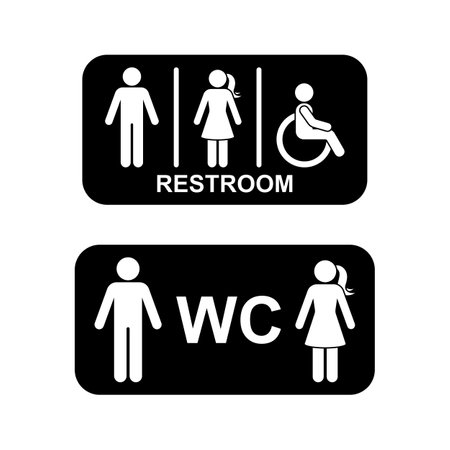 Public toilet man woman people with disability WC direction vector set. Restroom sign symbol stick figure icon silhouette pictogramのイラスト素材