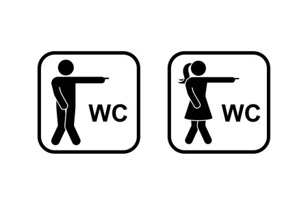 Public toilet man woman finger pointing direction access icon vector set. Restroom funny sign symbol stick figure silhouette frame pictogramのイラスト素材