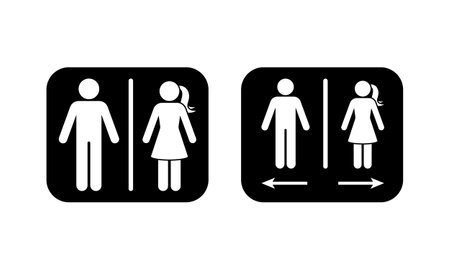 Public toilet man woman arrow direction icon pictogram. Restroom access sign symbol male female gender stick figure silhouette vector setのイラスト素材