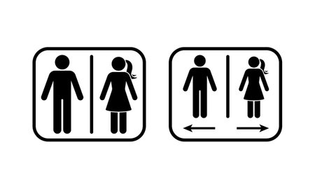 Public toilet man woman arrow direction icon frame pictogram. Restroom access sign symbol male female gender stick figure silhouette vectorのイラスト素材