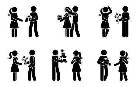 Stick figure man and woman giving presents vector illustration set. People at holidays receiving gift box stickman icon silhouette pictogramのイラスト素材