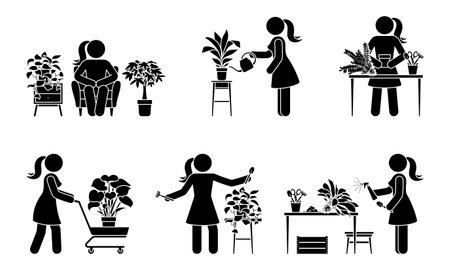 Stick figure woman planting home flowers vector illustration set. Stick lady person taking care of houseplant icon silhouette pictogramのイラスト素材