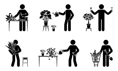 Stick figure male planting home flowers vector illustration set. Stickman person taking care of houseplant icon silhouette pictogramのイラスト素材