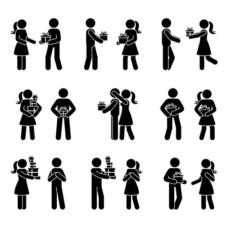 Stick figure person giving presents vector illustration set. Man and woman receiving gift box stickman icon silhouette pictogramのイラスト素材