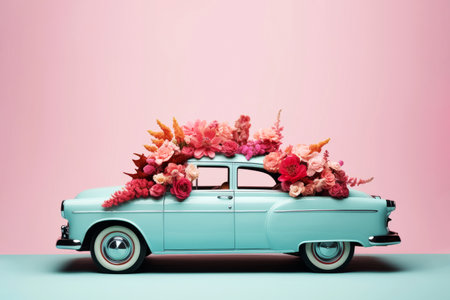 Mint colour retro car full with flowers on roof on pink background. Vintage auto bouquet delivery for happy holidays celebrationの素材