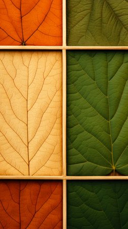 Autumn leaf frame border background in yellow orange green colours. Dry leaves veins close up texture backdropの素材