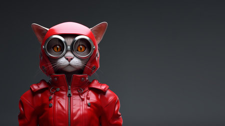 Hyper realistic portrait of an anthropomorphic lady cat in stylish red biker costume. Striking pop art style with a futuristic twist conceptの素材