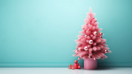 Pink Christmas tree with ornaments decoration on light teal background. New Year greeting card with copy space xmas bannerの素材