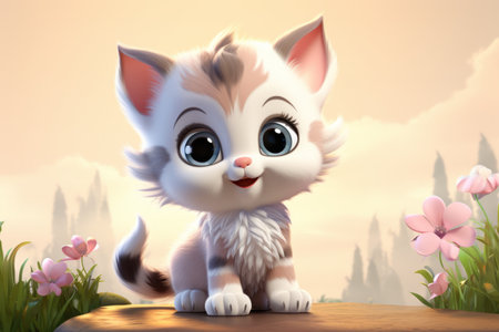 Cute kitten cartoon character sitting on forest meadow. Curious little girl cat with big eyes among flowersの素材