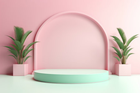 Minimal product studio geometrical podium in light pink and mint colours. Circle cylinder round ark beauty stage platform pedestalの素材