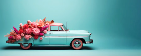 Antique old-fashioned car full with flowers on light teal copy space banner background. Romantic bouquet love delivery automobileの素材