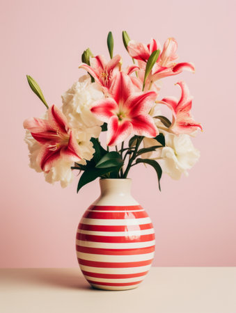 Bouquet of colourful lily flowers in vase standing on table. Romantic still life composition on pink backgroundの素材