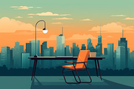 Modern office interior with desk armchair and lamp. Empty workspace room on sunset evening cityscape backgroundの素材