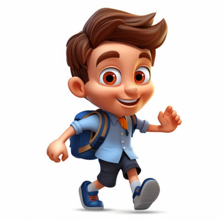 Cute funny cheerful school boy walking back to school icon illustration caertoon characterの素材