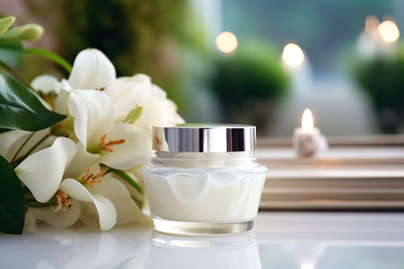 Bottle of beauty face cream lotion mockup on spa table.  Product of skin care cosmetic conceptの素材