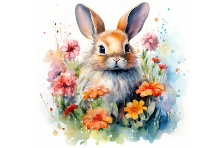 Watercolor bunny illustration on white background. Cute funny rabbit animal sitting in colourful flowersの素材
